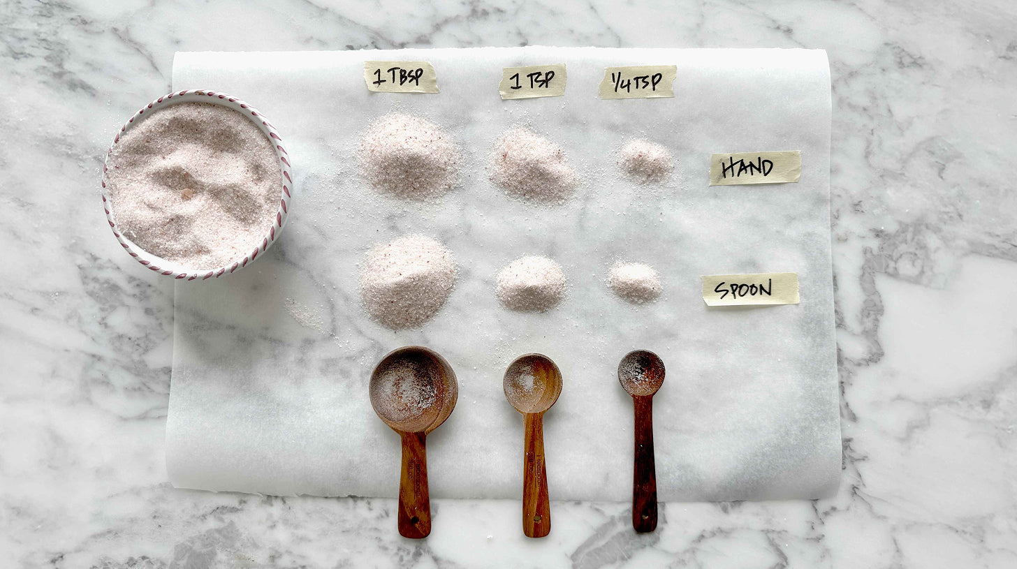 Parchment with piles of pink salt labeled 1 TBSP, 1 TSP, 1/4 TSP and 'HAND'/'SPOON'; bowl and three spoons