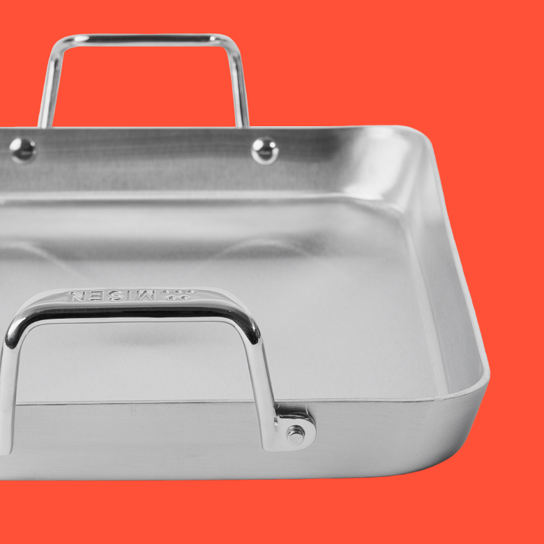 Misen stainless steel roasting pan with handles close-up
