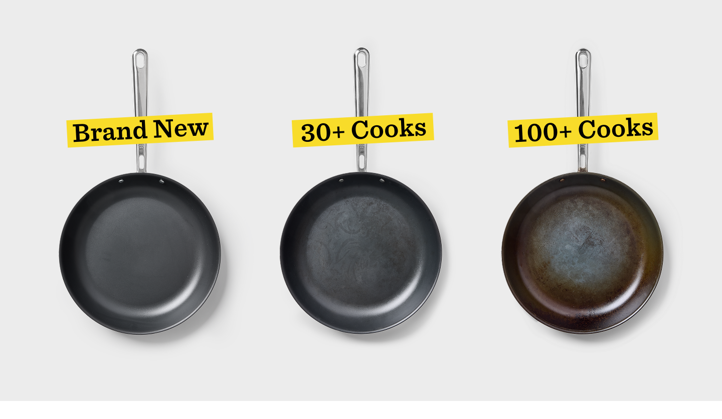 Carbon steel skillet seasoning progression: brand new, after 30 cooks, and after 100 cooks