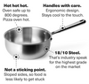 Brushed stainless saucepan with long hollow handle and callouts: oven-safe to 800°, ergonomic grip, 18/10 steel.