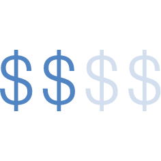 Four blue dollar signs in a horizontal row on white background.