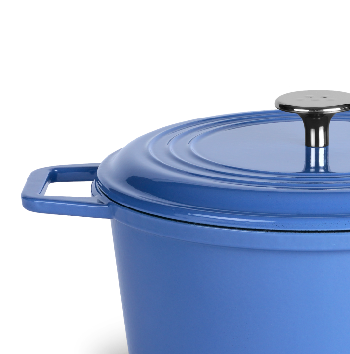 Blue enameled cast iron Dutch oven with stainless steel knob and side handle