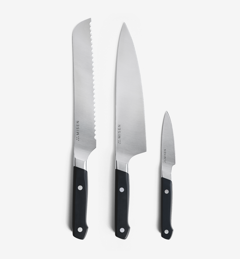 Misen 3-piece kitchen knife set with bread knife, chef's knife, and paring knife