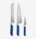 Misen 3-piece knife set with blue handles including bread, chef, and paring knives
