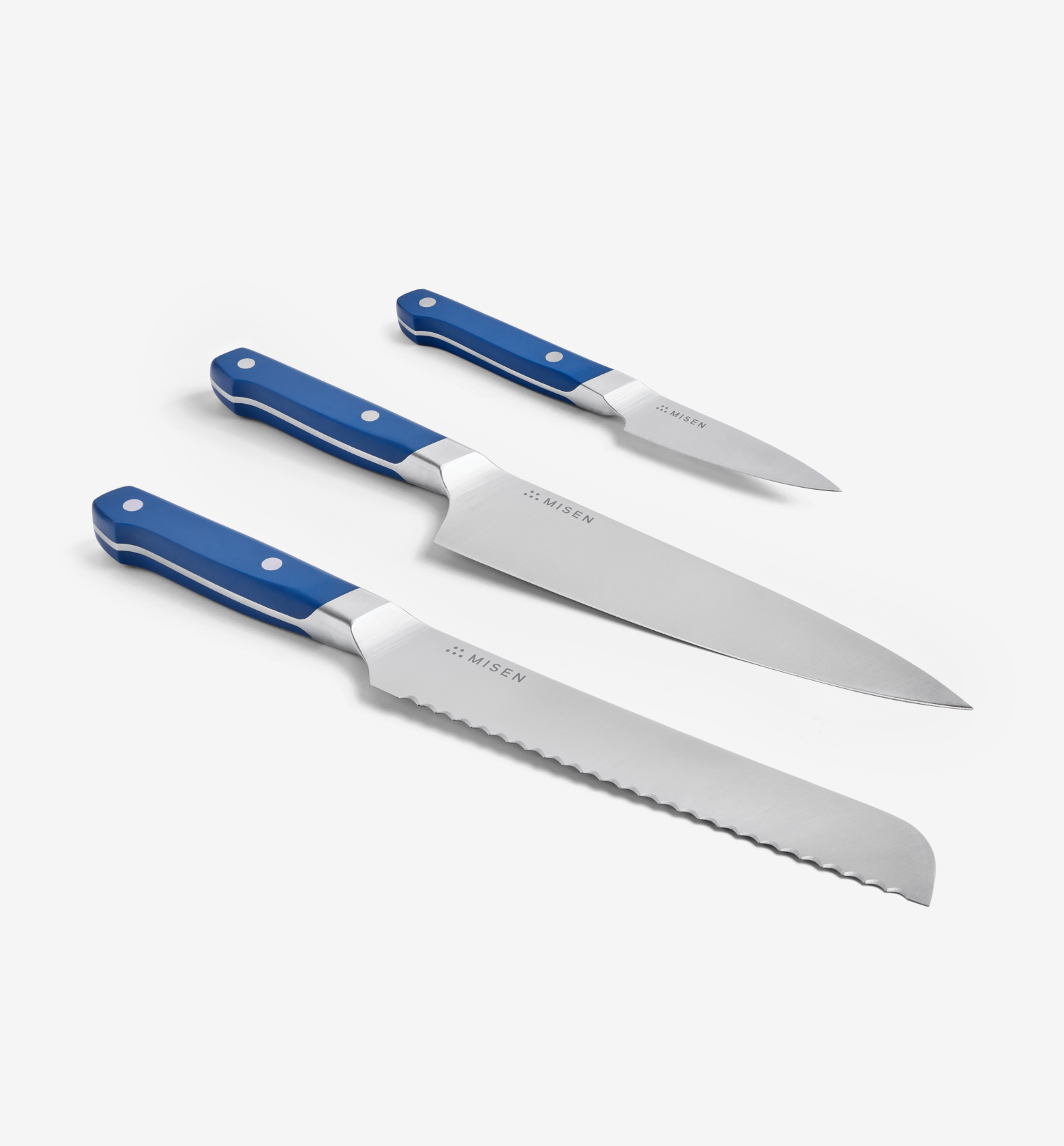 Misen 3-piece knife set with blue handles including chef, bread, and paring knives