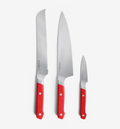 Misen 3-piece kitchen knife set with red handles including bread, chef, and paring knives