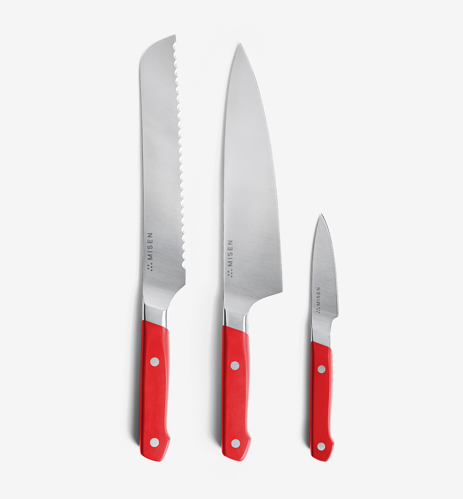 Misen 3-piece kitchen knife set with red handles including bread, chef, and paring knives