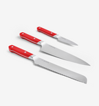Misen 3-piece kitchen knife set with red handles including chef, bread, and paring knives