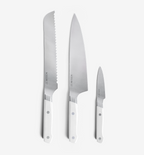 Misen 3-piece knife set with bread knife, chef's knife, and paring knife in white
