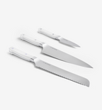 Misen 3-piece kitchen knife set with white handles including chef, bread, and paring knives