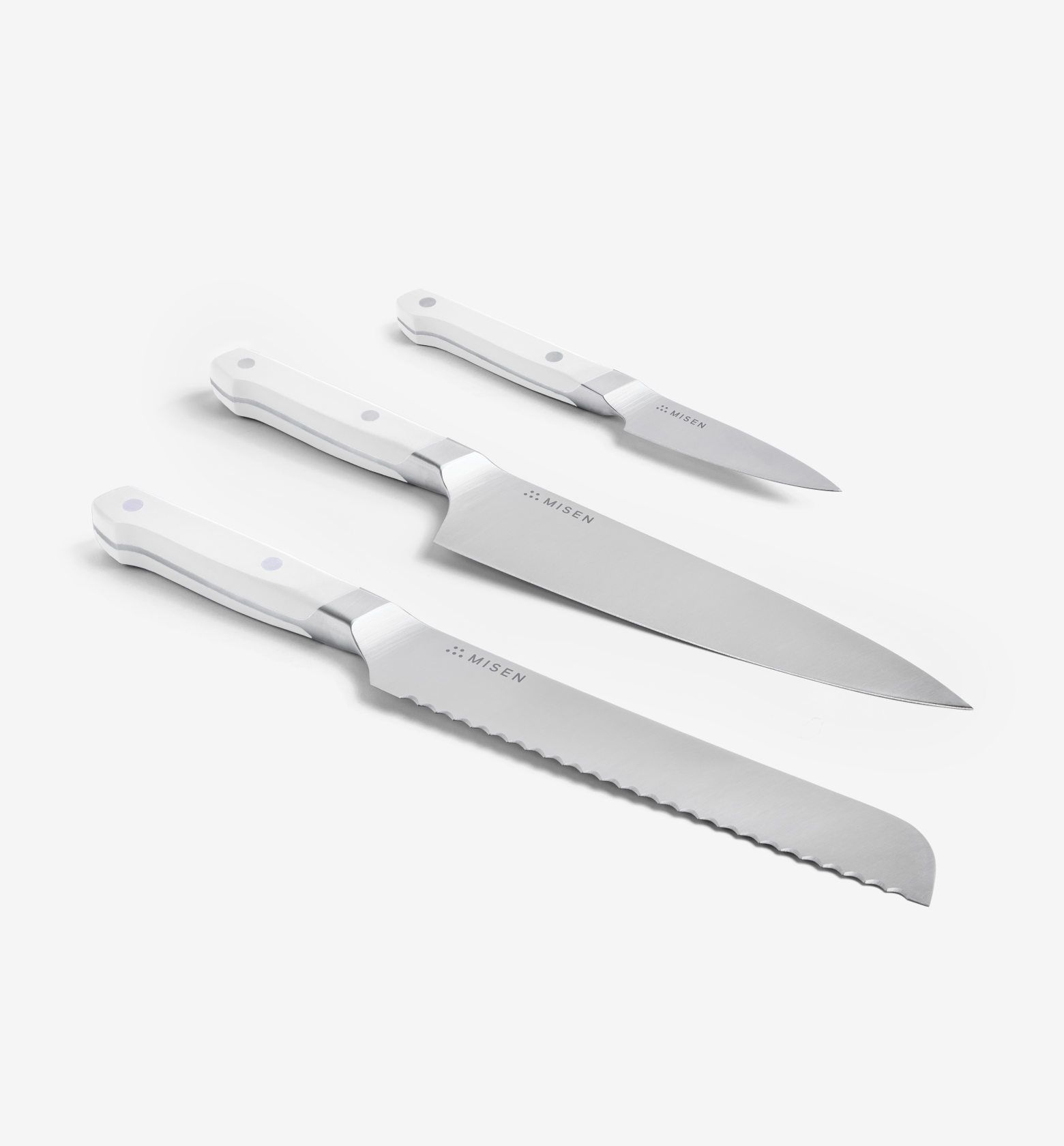 Misen 3-piece kitchen knife set with white handles including chef, bread, and paring knives