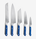 Misen 5-piece kitchen knife set with blue handles arranged by size
