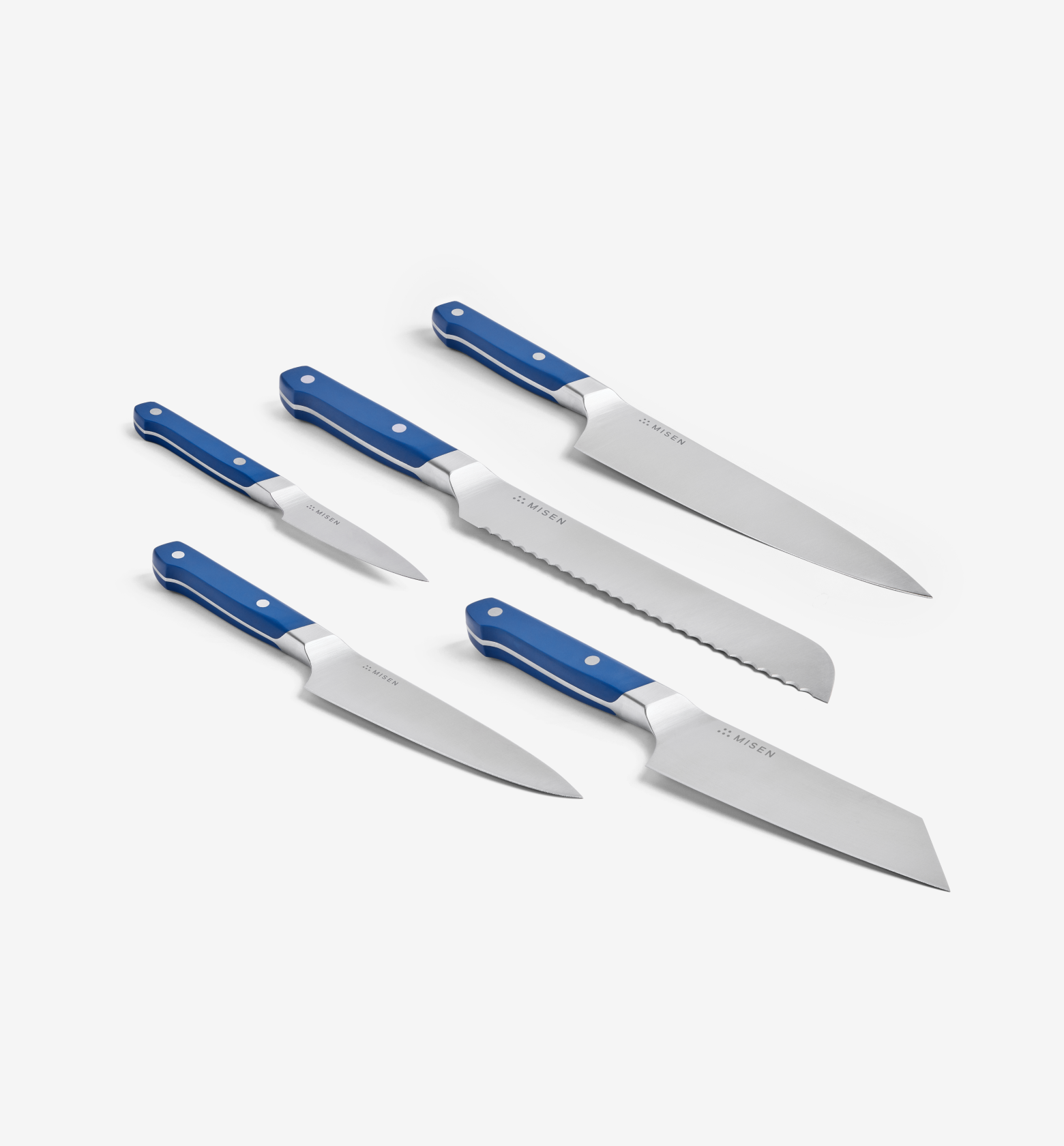 Misen 5-piece kitchen knife set with blue handles including chef, bread, santoku, utility, and paring knives