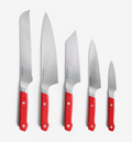 Misen 5-piece kitchen knife set with red handles including bread, chef, santoku, utility, and paring knives