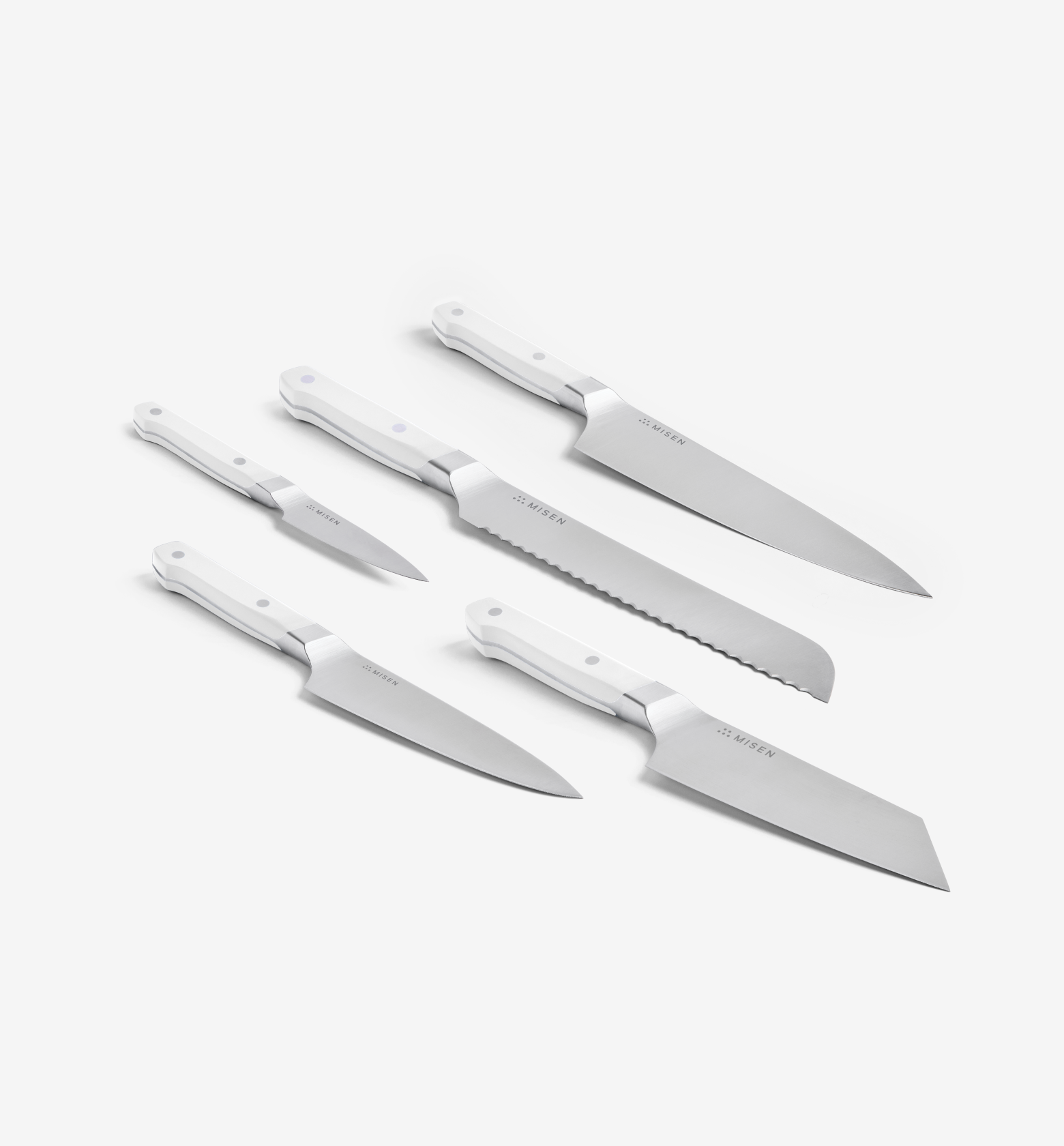 Misen 5-piece kitchen knife set with white handles including chef, bread, santoku, utility, and paring knives