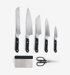 Misen 7-piece kitchen knife set with bread knife, chef knife, santoku, utility knife, paring knife, bench scraper, and kitchen shears