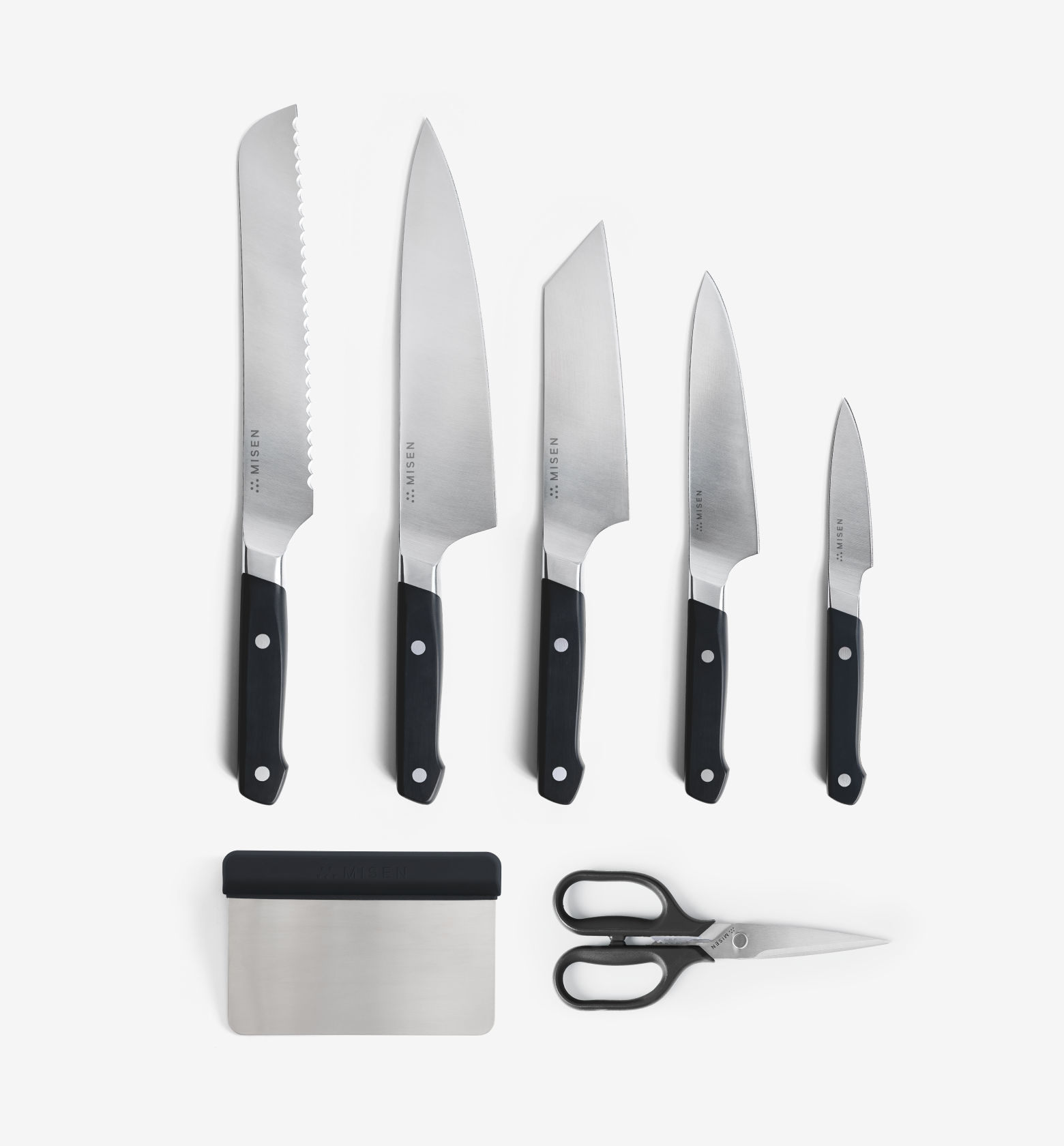 Misen 7-piece kitchen knife set with bread knife, chef knife, santoku, utility knife, paring knife, bench scraper, and kitchen shears