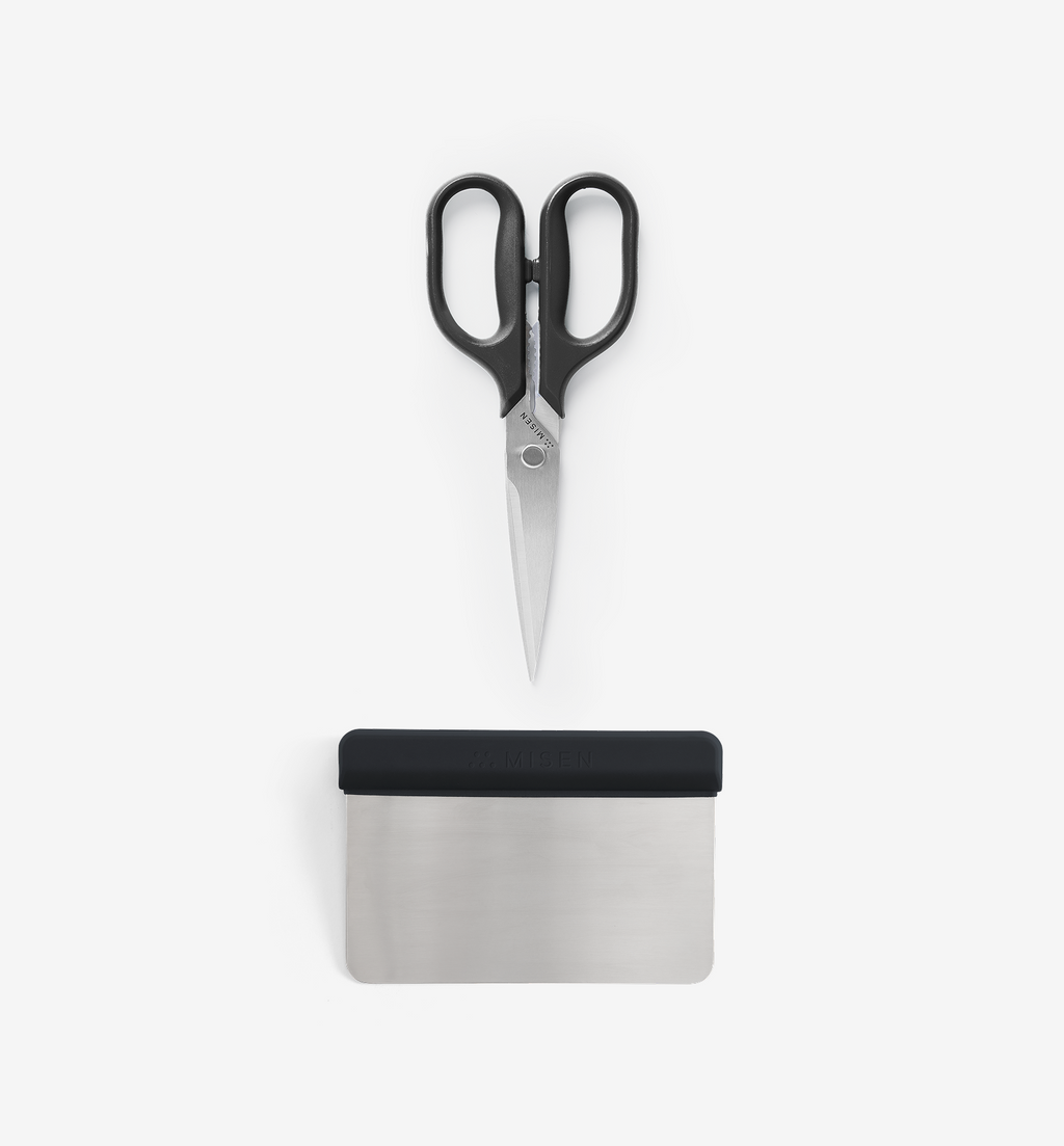 Misen kitchen shears and bench scraper set with stainless steel blades and black handles