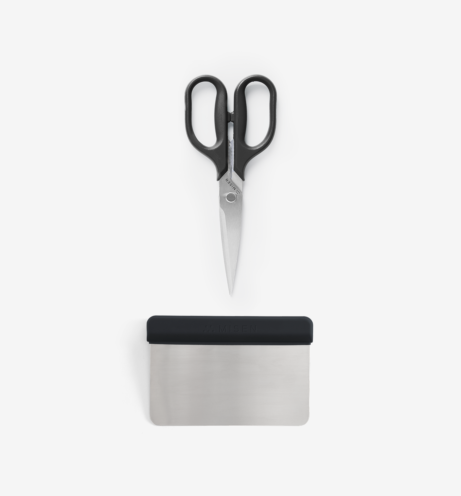 Misen kitchen shears and bench scraper set with stainless steel blades and black handles