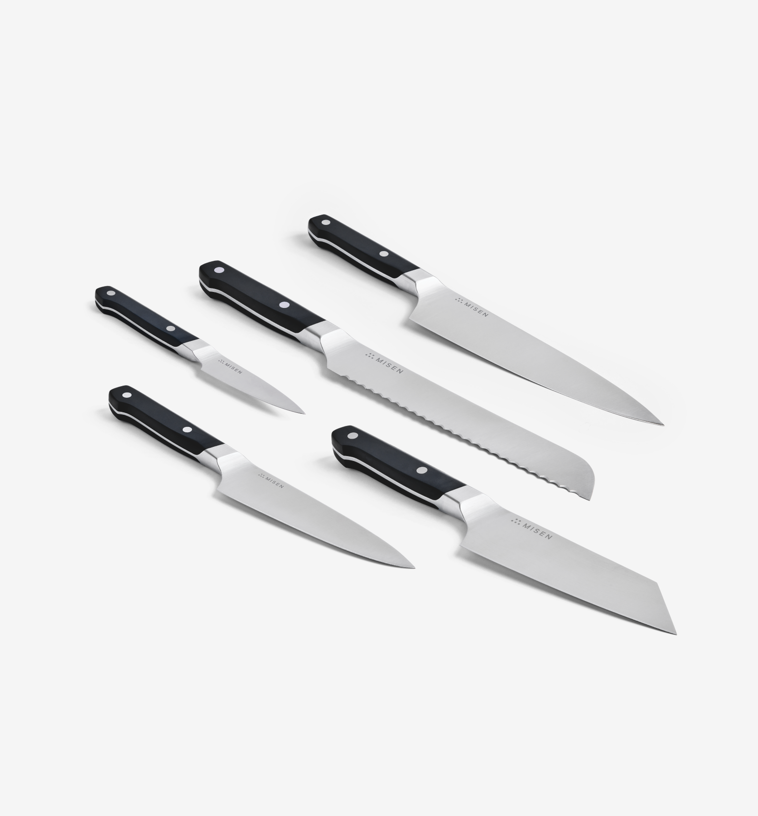 Misen 5-piece kitchen knife set with black handles on white background