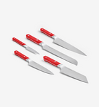 Misen 5-piece kitchen knife set with red handles, including chef, bread, and utility knives