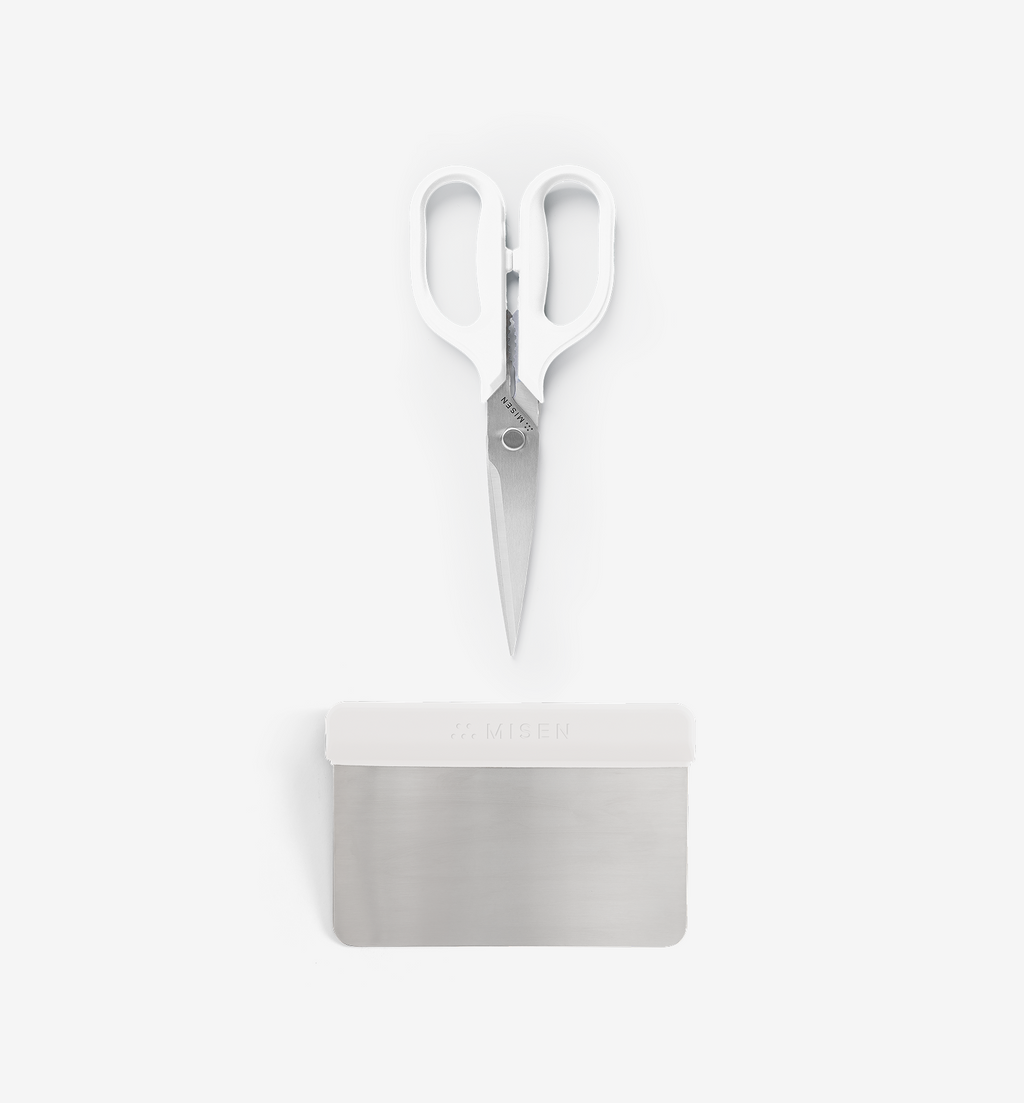 Misen kitchen shears and bench scraper set in white stainless steel