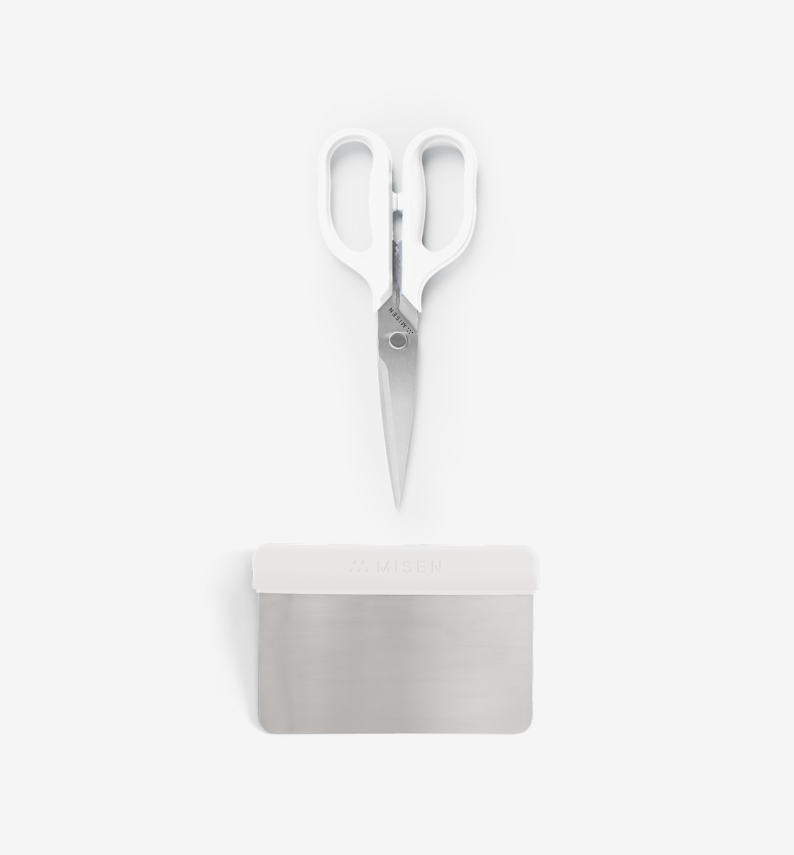 Misen kitchen shears and bench scraper set in white stainless steel