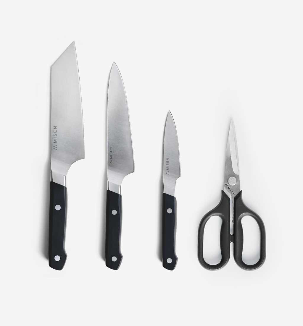 Misen 4-piece kitchen knife set with chef's knife, santoku, paring knife, and kitchen shears