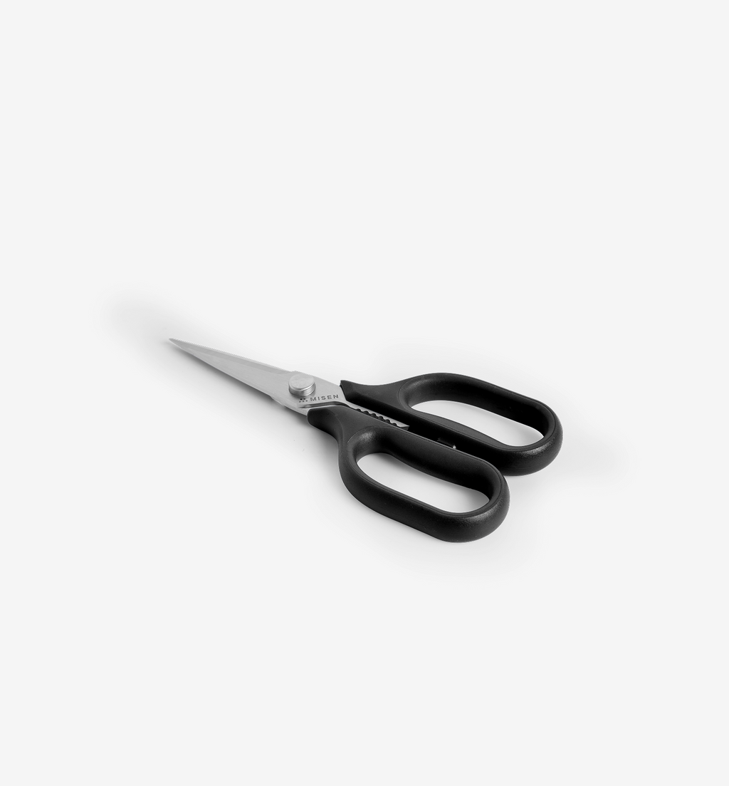 Misen kitchen scissors with black handles and stainless steel blades