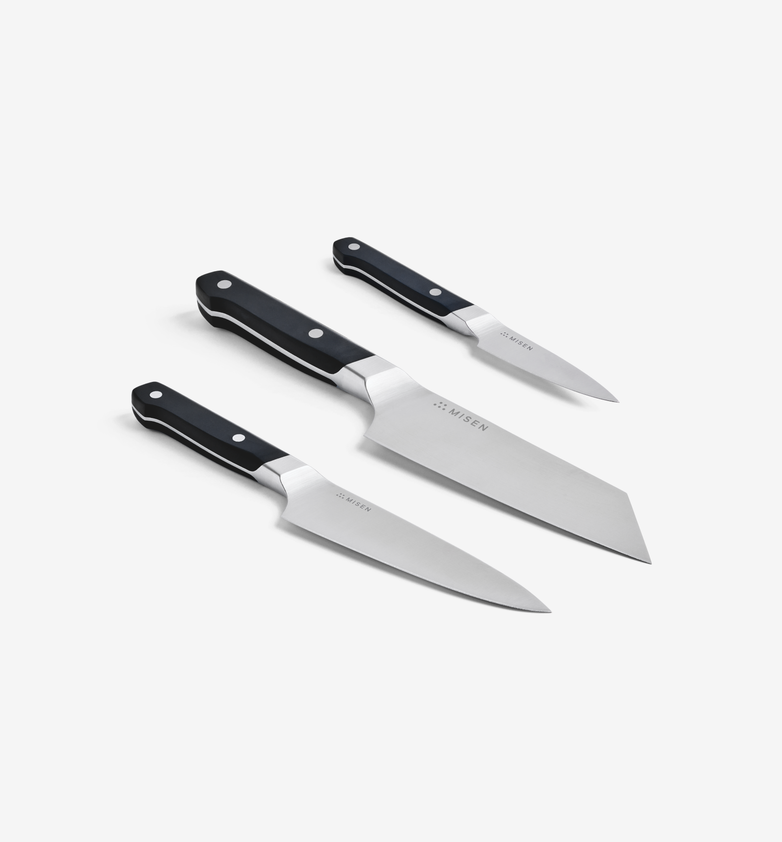 Misen 3-piece kitchen knife set with black handles and stainless steel blades