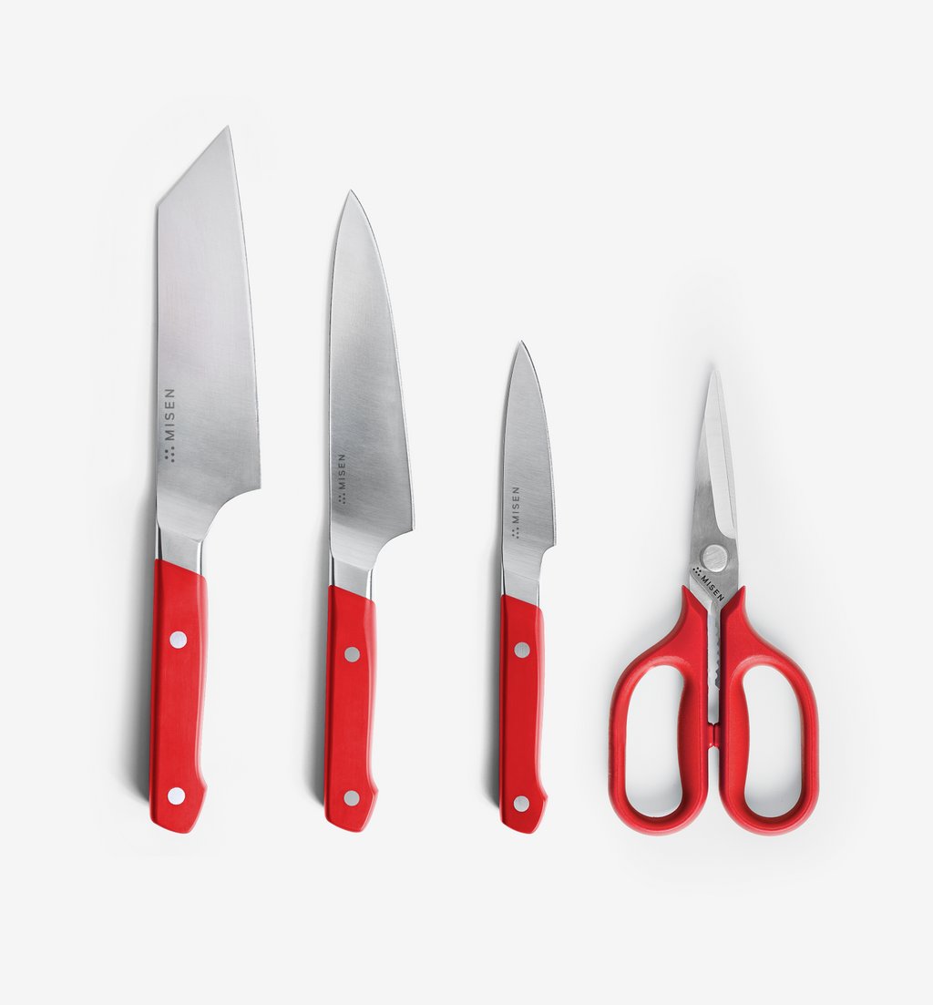 Misen 4-piece kitchen knife set with red handles including chef's knife, utility knife, paring knife, and shears