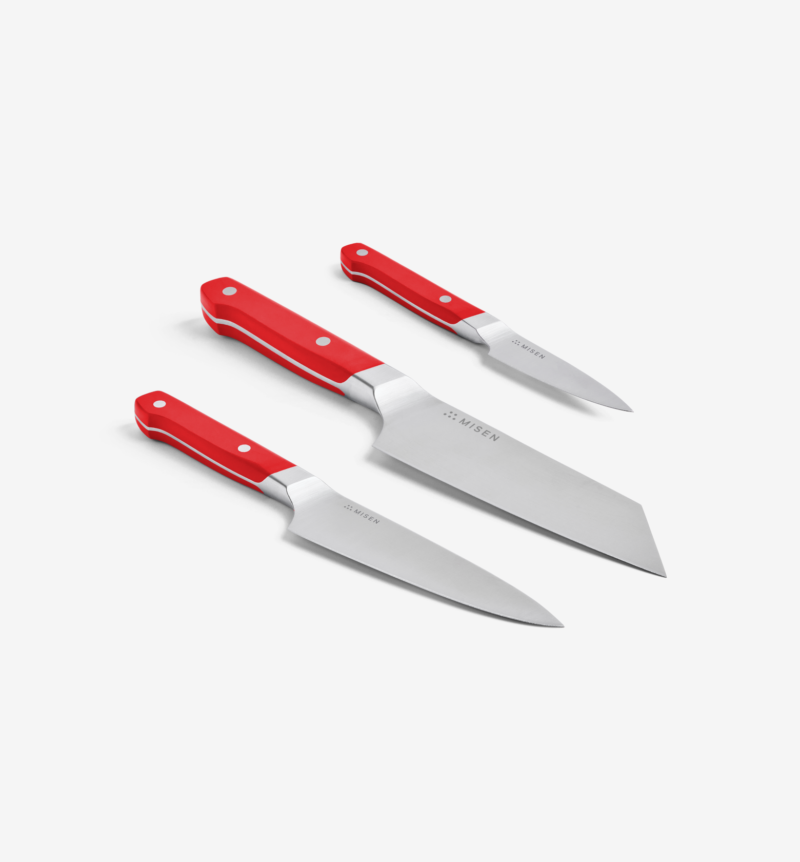 Misen 3-piece kitchen knife set with red handles including chef, santoku, and paring knives