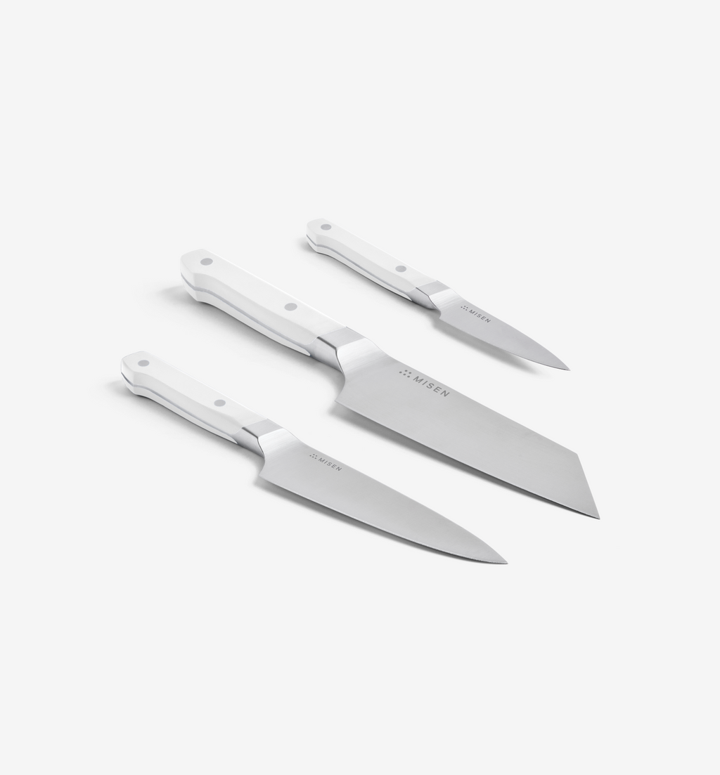 Misen 3-piece kitchen knife set with white handles – chef, utility, and paring knives
