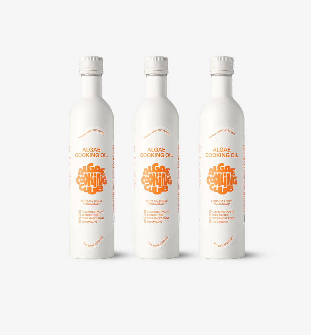 Algae Cooking Club algae cooking oil in white aluminum bottles, seed oil free with 535°F smoke point and 13g Omega-9