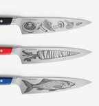 Misen kitchen knives with engraved mushroom, carrot, and fish illustrations on steel blades