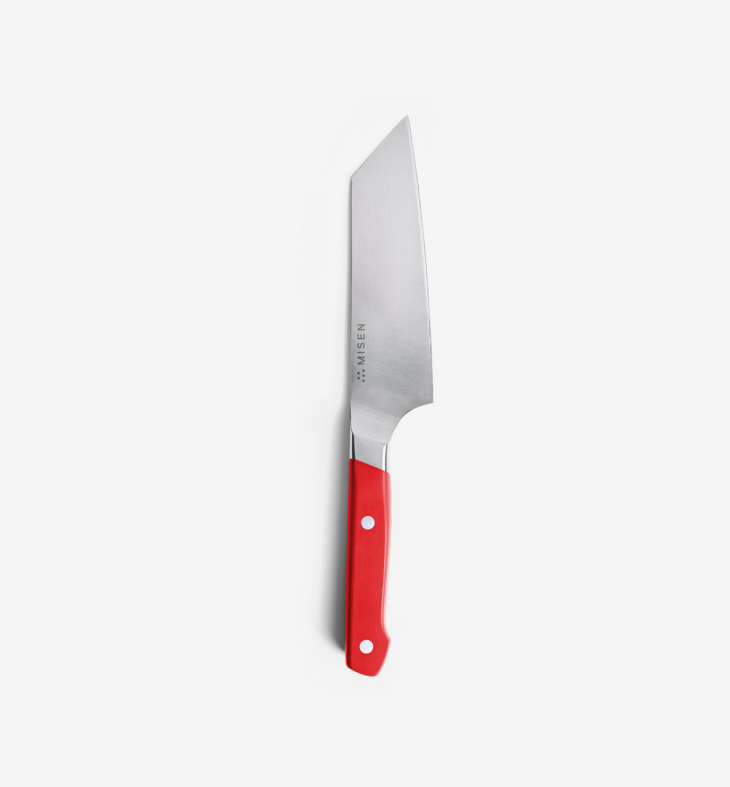 Misen chef knife with red handle and stainless steel blade