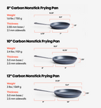 Carbon nonstick frying pan size guide comparing 8, 10, and 12 inch pans with dimensions, weight, and thickness specifications