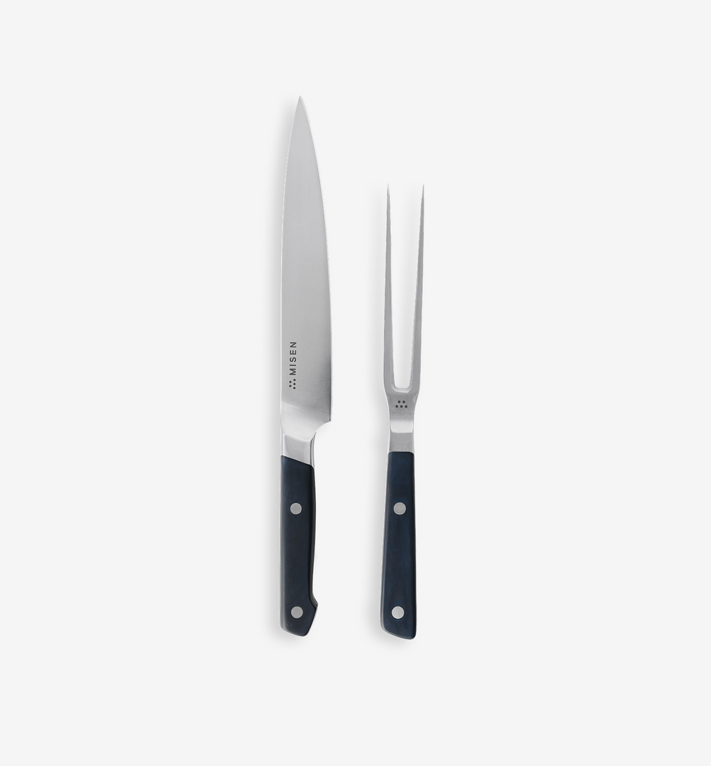 Misen carving knife and carving fork set with dark blue handles