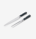 Professional carving knife and fork set with black handles and stainless steel blades