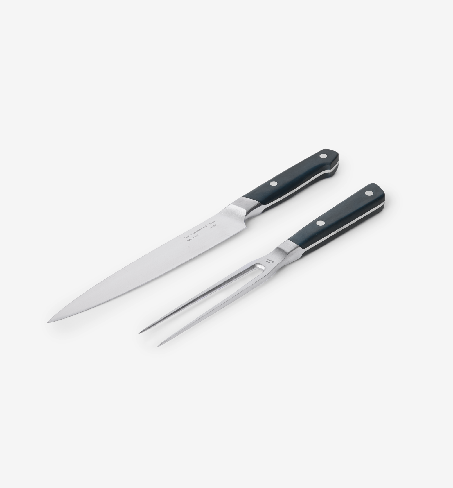 Professional carving knife and fork set with black handles and stainless steel blades