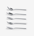 Stainless steel designer cutlery set with five spoons and knife in modern minimalist style