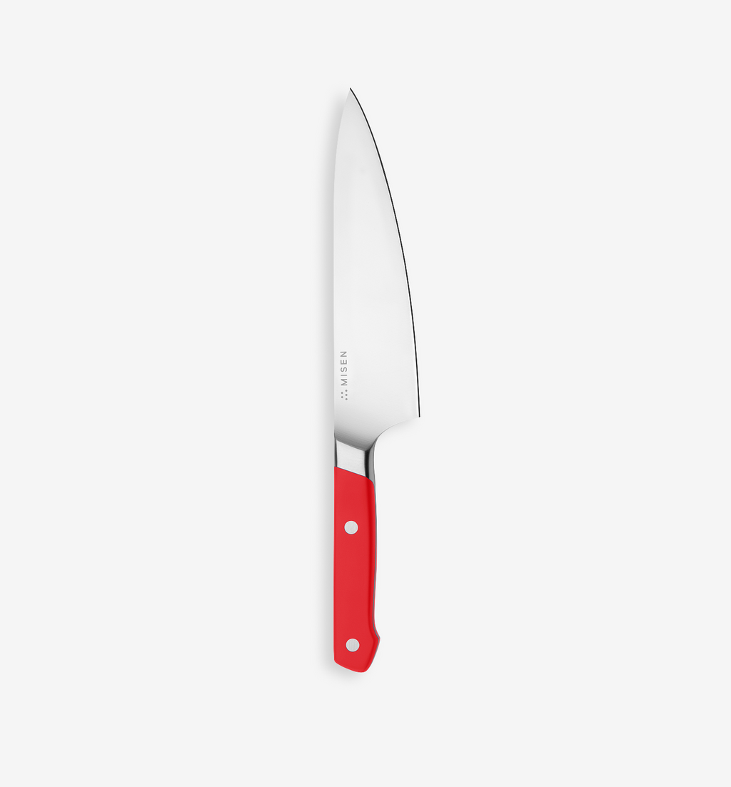 Misen chef's knife with red handle and stainless steel blade