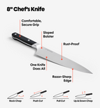 Misen 8-inch chef's knife infographic showing sloped bolster, rust-proof blade, razor-sharp edge, and four cutting techniques