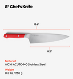 Misen 8-inch chef's knife with red handle, AICHI ACUTO440 stainless steel, 13.6 inch overall length, 0.5 lbs