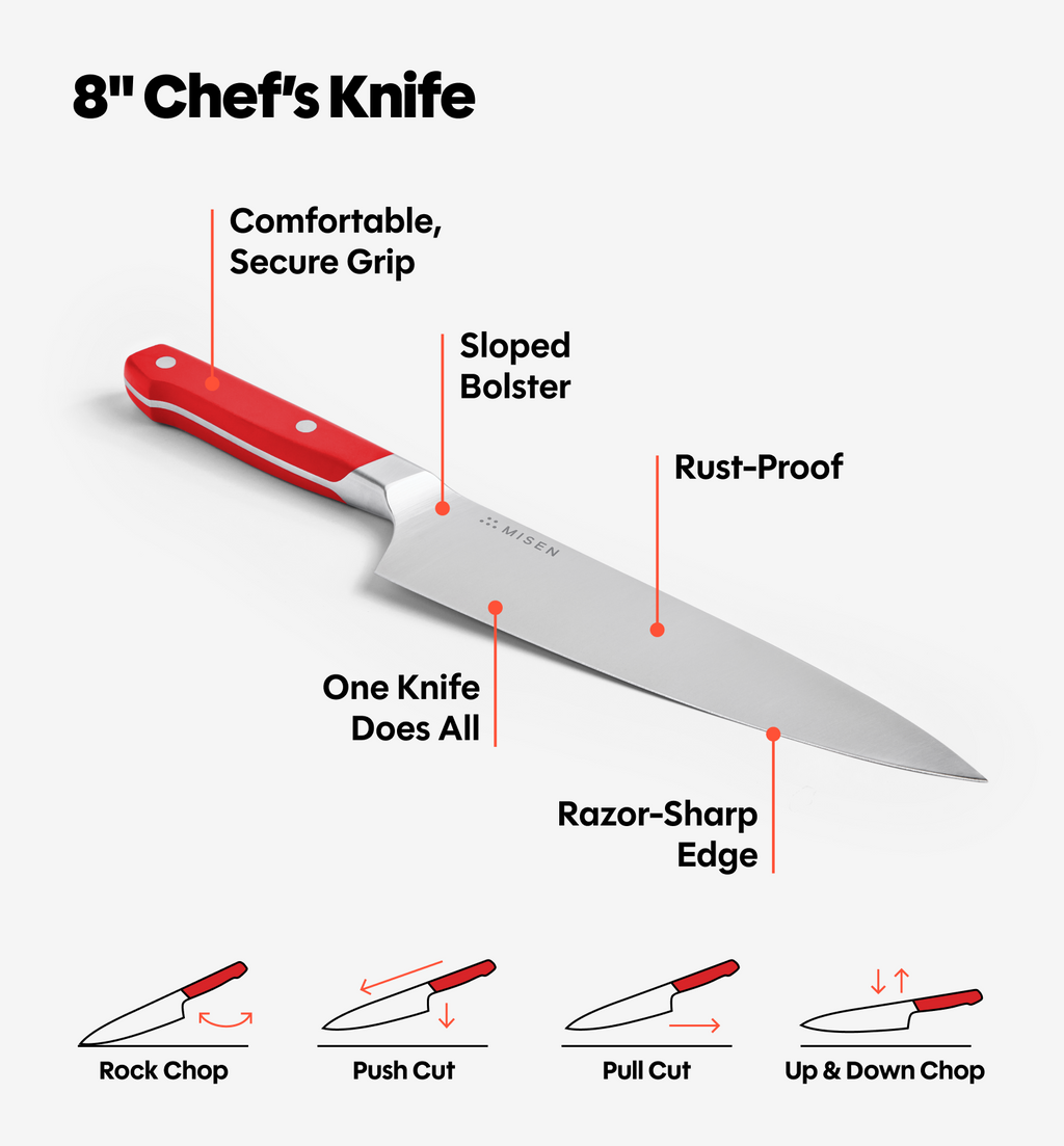 Misen 8-inch chef's knife features diagram showing sloped bolster, razor-sharp edge, rust-proof blade, and four cutting techniques
