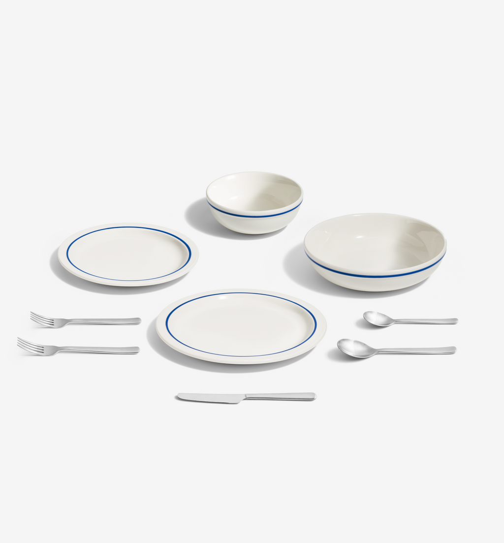 9-Piece Dinnerware + Flatware Set (Serves 1), blue dinnerware with brushed flatware