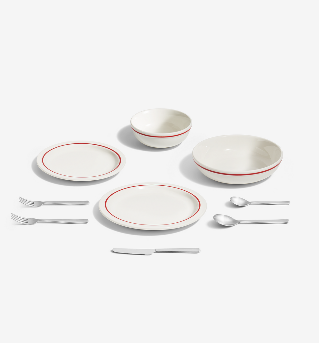 9-Piece Dinnerware + Flatware Set (Serves 1), red porcelain dinnerware with brushed 18/10 stainless steel flatware