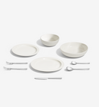 9‑Piece Dinnerware + Flatware Set (Serves 1) – White porcelain plates with brushed stainless steel flatware