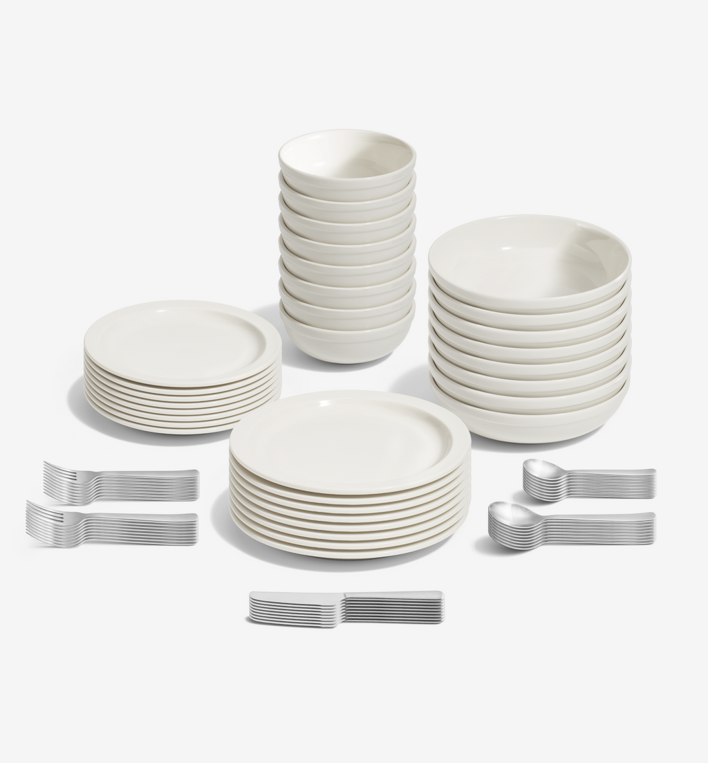 72-Piece Dinnerware + Flatware Set (Serves 8) - White / Brushed