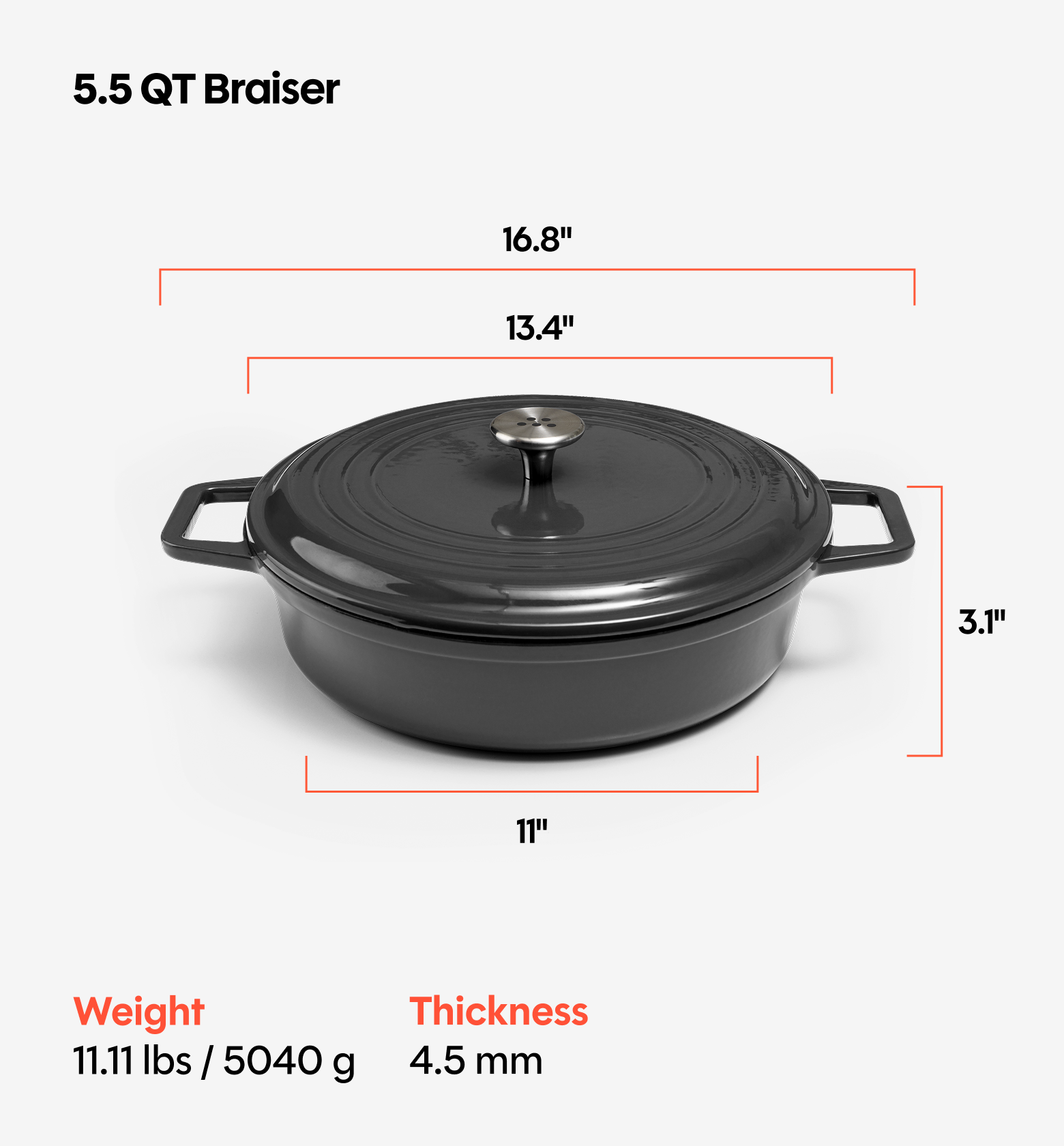5.5 QT Enamel Cast-Iron Braiser - Black - Final Sale
